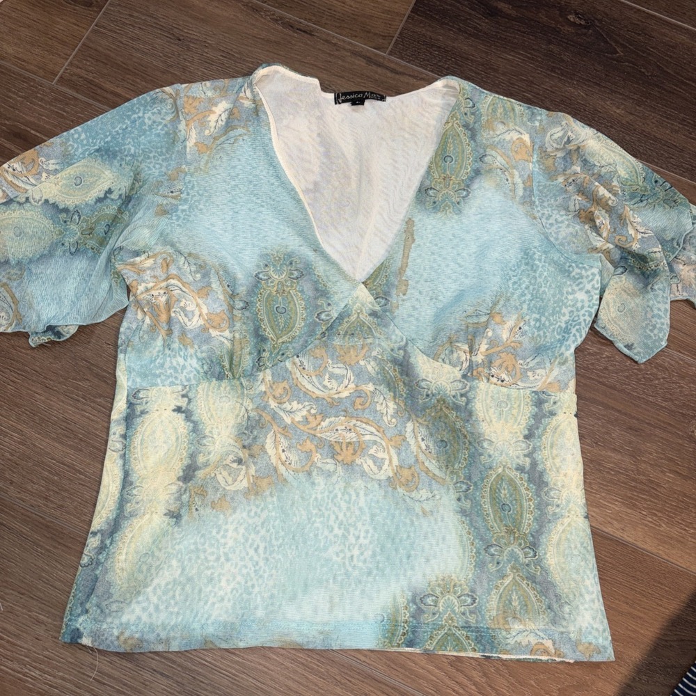 Vintage 90s Jessica Max Y2K Large Fairycore Paisley Flutter Sleeve Boho Festival